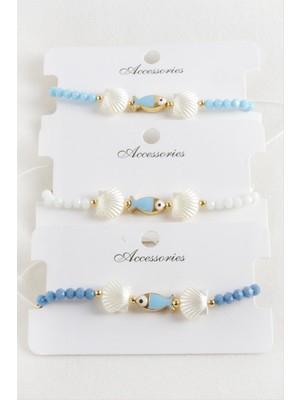 Gümüş Takıcım Balık Istiridye Inci Kristal Makrome Ip Bileklik