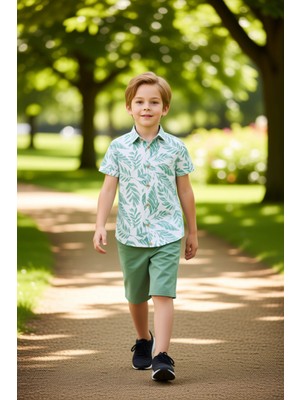 PayBuy Erkek Çocuk Tropikal Baskılı Kısa Kollu Gömlek ve Şort Takımı Kaliteli Şık Rahat