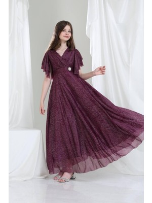 Giyinse Kristal Kumaş Abiye Elbise Mor