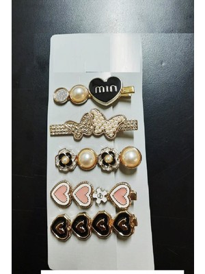 MCM Group Gold Tema 5 Li Set Saç Tokası Seti Çoklu Figürlü Toka Seti - Kalp- Kelebek - Min