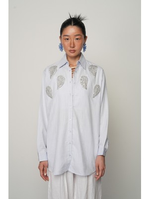 Orfeonegro Kadın Önü Taş Işlemeli Gri Renk Oversize Gömlek