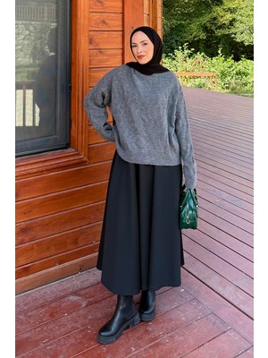 Lamelif Kendinden Desenli Triko Kazak Antrasit