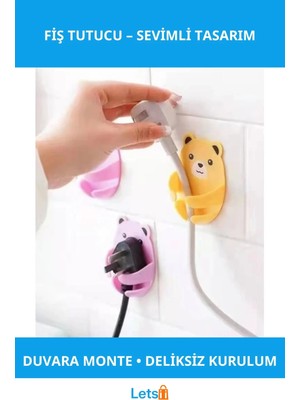 Letsii Sevimli Ayıcık Desenli Duvara Monte Fiş Tutucu 4'lü Set