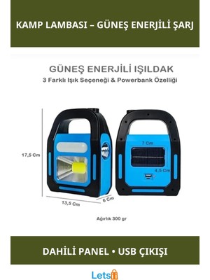 Letsii Güneş Enerjili Işıldak ve Powerbank Özellikli Kamp Lambası