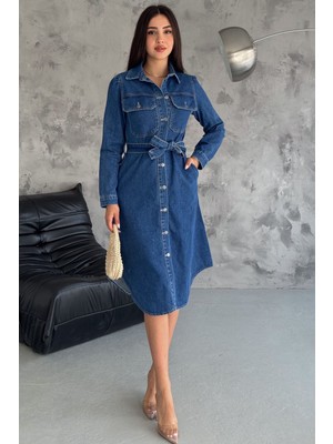 Noa Noa Kadın Kuşaklı Düğmeli Denim Elbise – Yapılandırılmış & Şehirli Stil