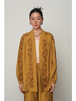 Orfeonegro Kadın Şerit Gül ve Taş Detaylı Düz Oversize Kimono