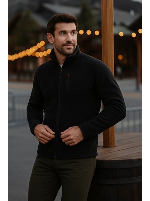 Comstar Erkek Fermuarlı Kalın Kışlık Trend Siyah Polar Ceket