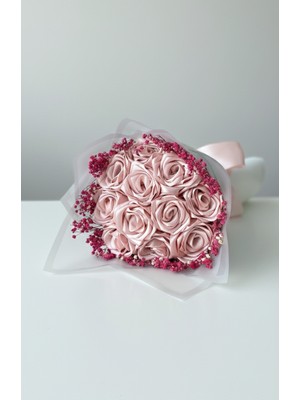 Buketim Seninle 11'li Pudra Pembe Cipsolu Solmayan Saten Gül Buketi, Kurdele Gül, Arkadaşa, Anneye Hediye