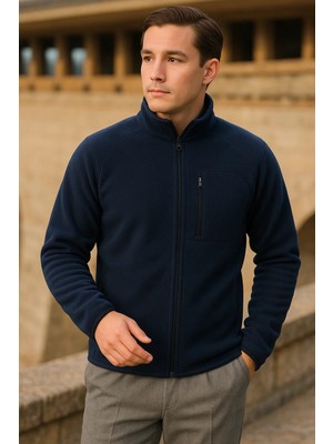 Comstar Erkek Kışlık Fermuarlı Trend Cepli Lacivert Polar Ceket