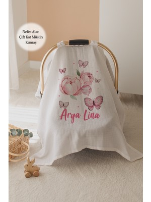 Lilabio %100 Pamuk Isme Özel Çift Katlı Müslin Puset Örtüsü - Tomurcuk Çiçek ve Kelebek