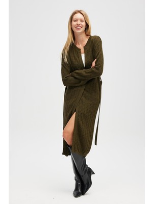 Peraluna Zeyna Mini Kabartma Örgülü Uzun Triko Hırka - Koyu Yeşil Melanj