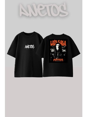 Anetos Lady Gaga Tasarım Sırt Baskılı Pamuk Siyah Oversize T-Shirt