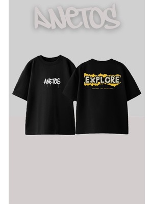 Anetos Explore Tasarım Sırt Baskılı Pamuk Siyah Oversize T-Shirt