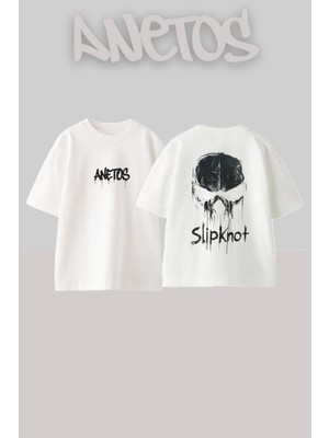 Anetos Slipkont 9 Tasarım Sırt Baskılı Pamuk Beyaz Oversize T-Shirt