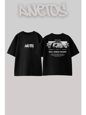 Anetos Real World Posion Tasarım Sırt Baskılı Pamuk Siyah Oversize T-Shirt
