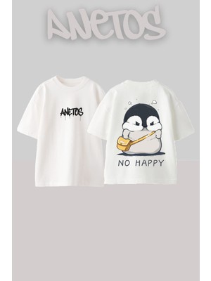 Anetos Mutsuz Penguen Tasarım Sırt Baskılı Pamuk Beyaz Oversize T-Shirt