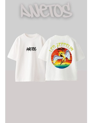 Anetos LED Zeppelin 8 Tasarım Sırt Baskılı Pamuk Beyaz Oversize T-Shirt