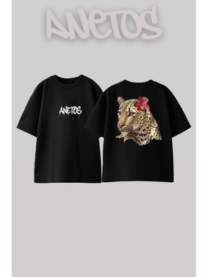 Anetos Leopar Hibiscus Tasarım Sırt Baskılı Pamuk Siyah Oversize T-Shirt