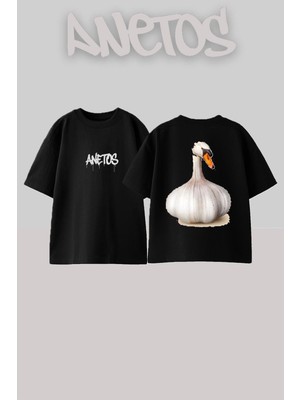 Anetos Sarımsak Ördek Tasarım Sırt Baskılı Pamuk Siyah Oversize T-Shirt