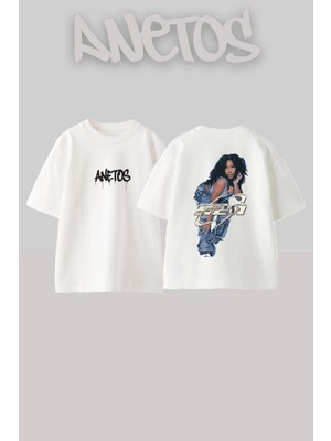 Anetos R2A Tasarım Sırt Baskılı Pamuk Beyaz Oversize T-Shirt