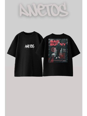 Anetos Bad Bunny 15 Tasarım Sırt Baskılı Pamuk Siyah Oversize T-Shirt