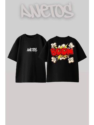 Anetos Boooom Tasarım Sırt Baskılı Pamuk Siyah Oversize T-Shirt