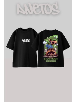 Anetos Marıo Green Tasarım Sırt Baskılı Pamuk Siyah Oversize T-Shirt