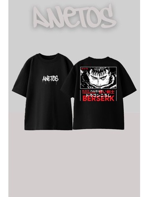 Anetos Berserk Black Swordman 1 Tasarım Sırt Baskılı Pamuk Siyah Oversize T-Shirt