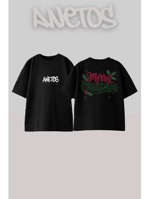 Anetos Merry Christmas Tasarım Sırt Baskılı Pamuk Siyah Oversize T-Shirt
