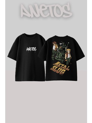 Anetos Metal Slug Tasarım Sırt Baskılı Pamuk Siyah Oversize T-Shirt