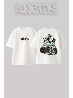 Anetos Motor 1 Tasarım Sırt Baskılı Pamuk Beyaz Oversize T-Shirt