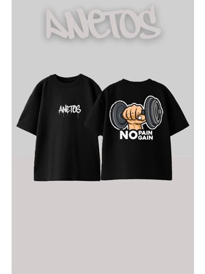 Anetos No Pain No Gain 1 Tasarım Sırt Baskılı Pamuk Siyah Oversize T-Shirt