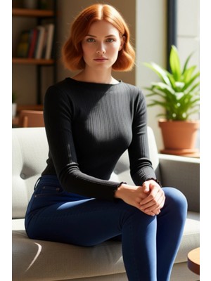 FRM Genç Kadın Slim Fit Bisiklet Yaka Uzun Kollu Pointel Örme Üst Kaliteli Şık Rahat Modern Zarif