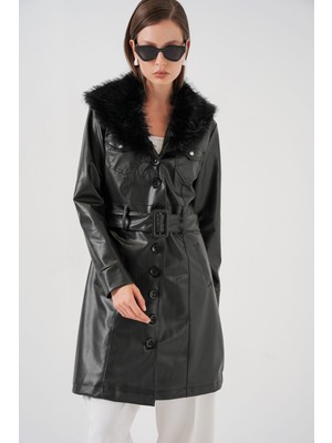 Hiccup Kadın Bdart Kürk Yaka Detaylı Düğmeli Suni Deri Uzun Ceket Siyah