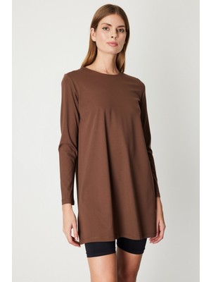 On Kadın Uzun Kollu Basic Tunik 61421 Kahverengi