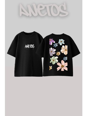Anetos Cicekler Tasarım Sırt Baskılı Pamuk Siyah Oversize T-Shirt
