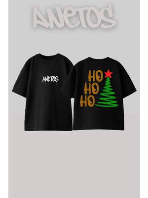 Anetos Hohoho Tasarım Sırt Baskılı Pamuk Siyah Oversize T-Shirt