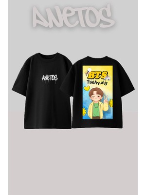 Anetos Bts 3 Tasarım Sırt Baskılı Pamuk Siyah Oversize T-Shirt
