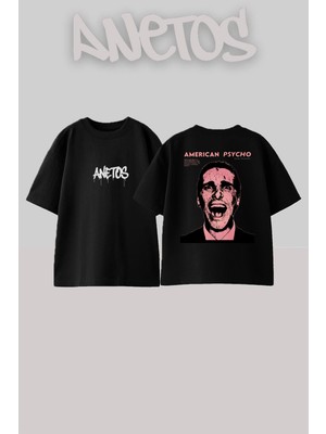 Anetos American Psycho Tasarım Sırt Baskılı Pamuk Siyah Oversize T-Shirt