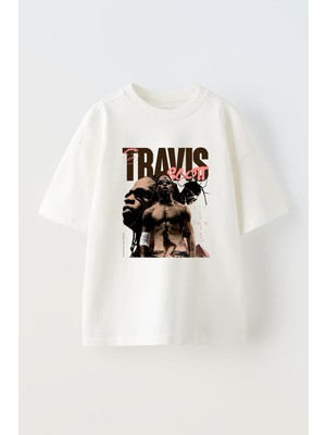 Anetos Travis Scott Baskılı Ünisex Pamuk Beyaz Oversize T Shirt