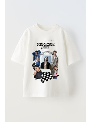 Anetos Jungkook Baskılı Ünisex Pamuk Beyaz Oversize T Shirt