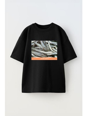 Anetos Hamsi Baskılı Ünisex Pamuk Siyah Oversize T Shirt