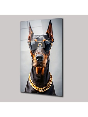 SteelArtDec Altın Zincirli Doberman - Cam Tablo - DEG0134