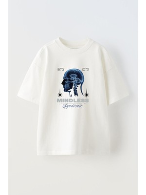 Anetos Mindless Ön Baskılı Pamuk Beyaz Oversize T Shirt