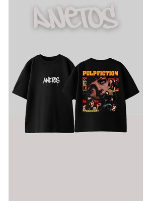 Anetos Pulpfıcton Tasarım Sırt Baskılı Pamuk Siyah Oversize T-Shirt