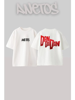 Anetos Dandadan Tasarım Sırt Baskılı Pamuk Beyaz Oversize T-Shirt