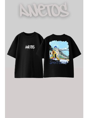 Anetos Santorını Tasarım Sırt Baskılı Pamuk Siyah Oversize T-Shirt