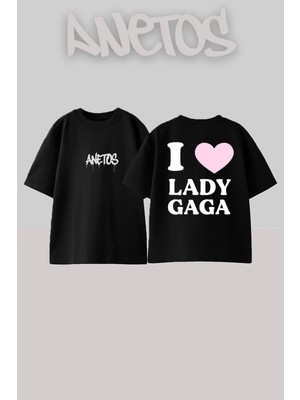 Anetos Lady Gaga 10 Tasarım Sırt Baskılı Pamuk Siyah Oversize T-Shirt
