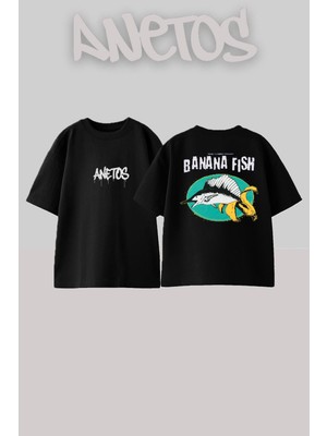 Anetos Banana Fish 9 Tasarım Sırt Baskılı Pamuk Siyah Oversize T-Shirt