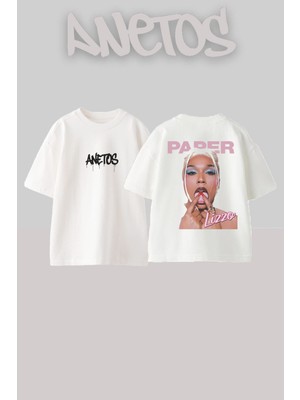 Anetos Paper Tasarım Sırt Baskılı Pamuk Beyaz Oversize T-Shirt